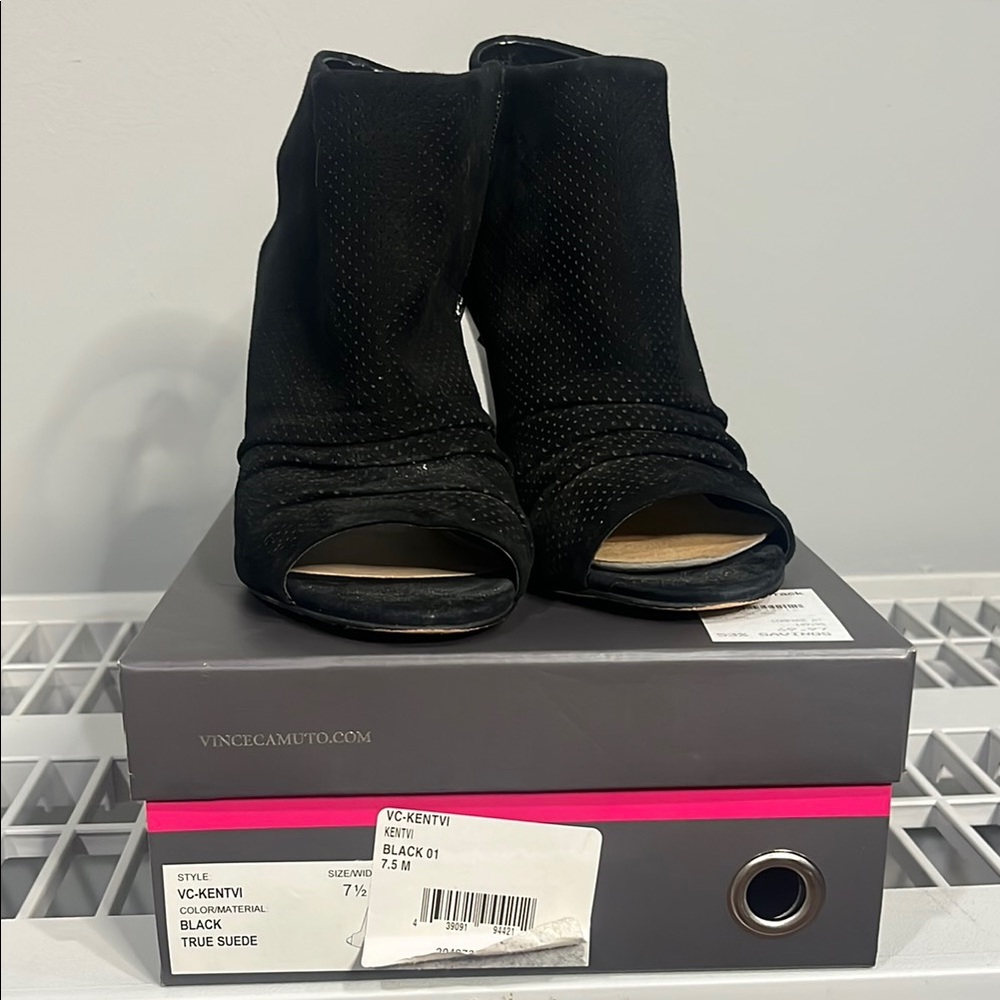Vince Camuto Black Suede Open-Toe Booties